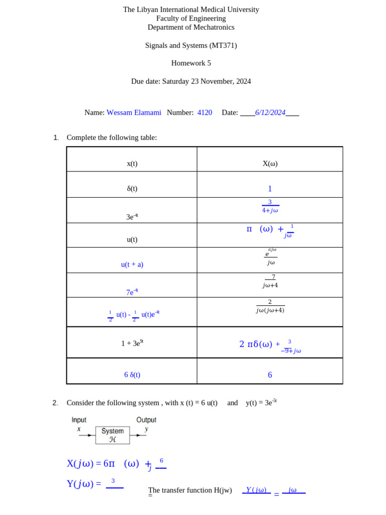 Signals and Systems - Homework 5 - Fall 2024 | PDF | Fourier Transform ...