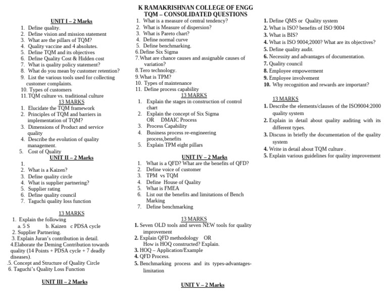TQM Questions and Concepts Overview | PDF | Quality Management System ...