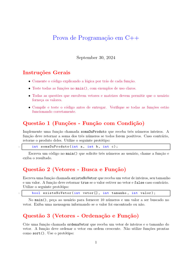 Prova de Programação em C++: Funções e Matrizes | PDF | Matriz ...