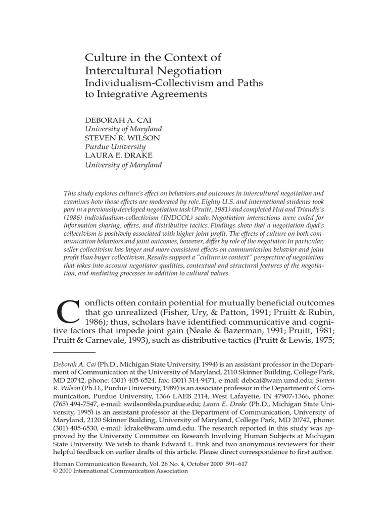 Culture's Role in Intercultural Negotiation | PDF | Negotiation ...