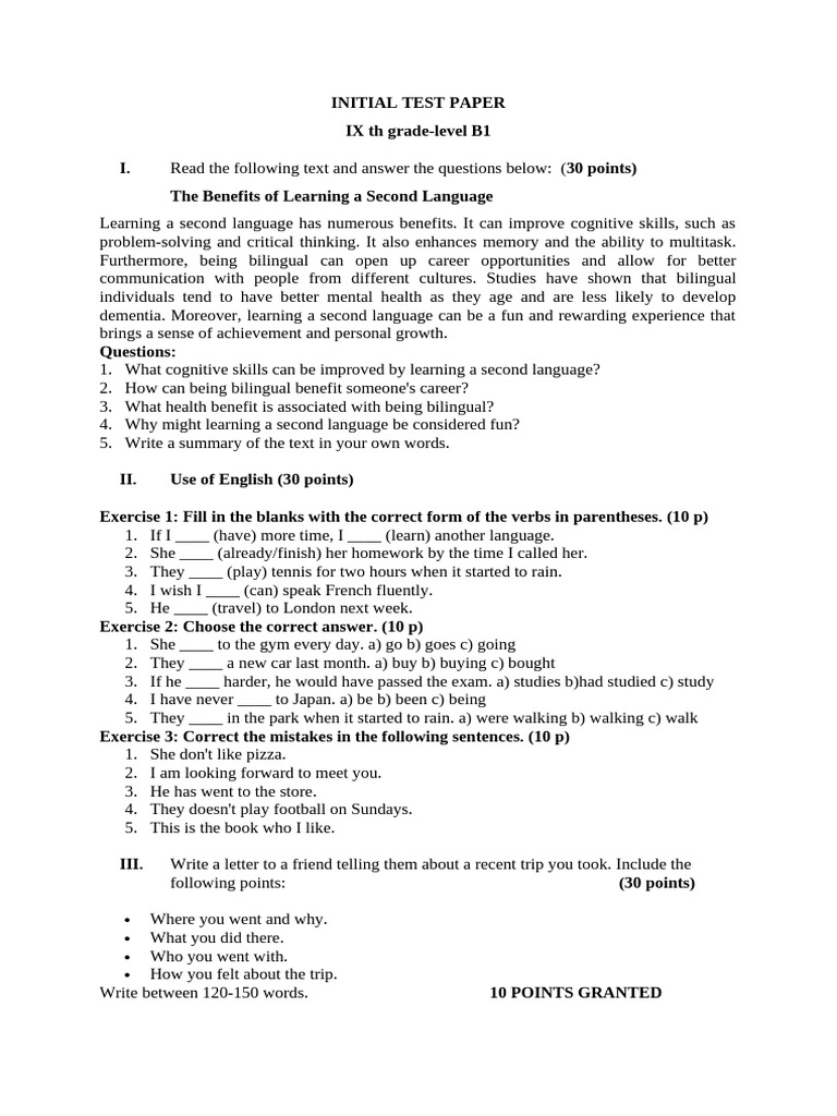 9 A Test Initial LB - Engleza | PDF | Second Language | Multilingualism