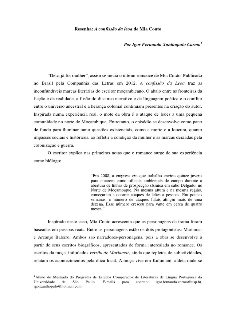 A Confissao Da Leoa de Mia Couto | PDF | Leão | Moçambique