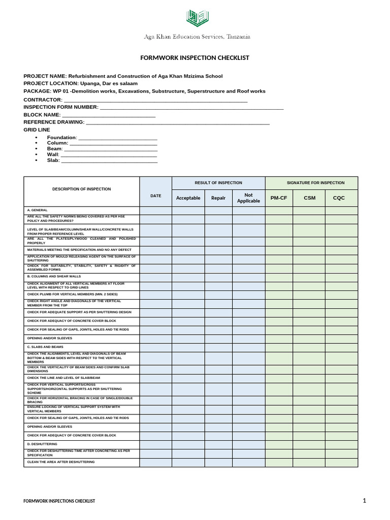 Formwork Inspection Checklist for Construction | PDF | Beam (Structure ...