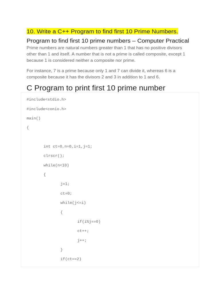 10. Write a C++ Program to Find First 10 Prime Numbers. | PDF