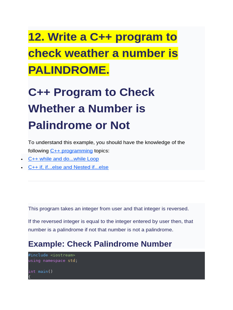 12. Write a C++ program to check weather a number is PALINDROME. | PDF ...
