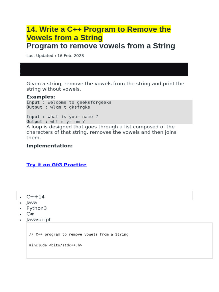 Write A C++ Program To Remove The Vowels From A String | PDF