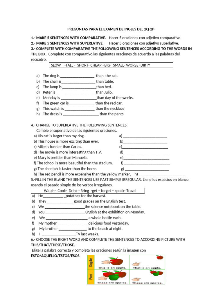 Preguntas para Examen de Inglés 2Q-2P | PDF