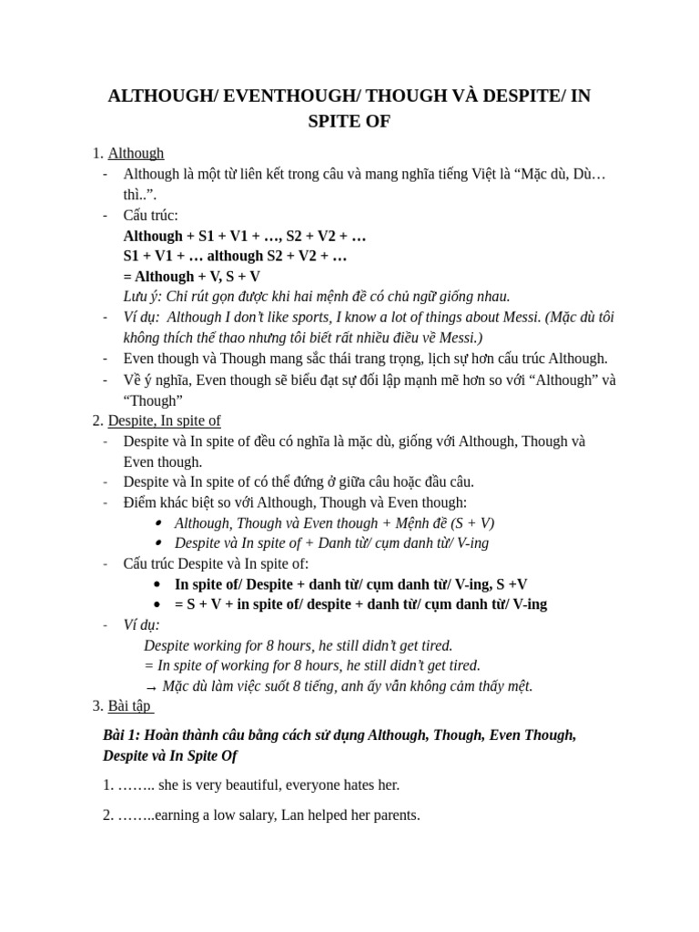 ALTHOUGH, DESPITE AND IN SPITE OF | PDF