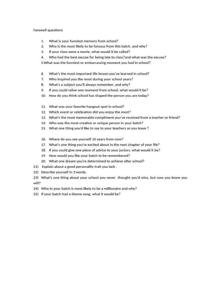 Farewell Questions PDF