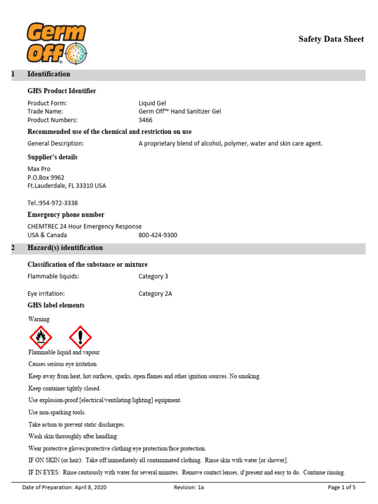 Hand Sanitizer MAXPRO GERM OFF - SDS | PDF | Water | Chemistry