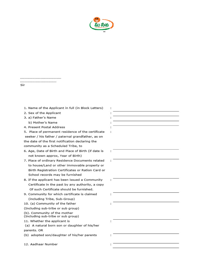 Scheduled Tribes Certificate Application Form | PDF | Birth Certificate ...