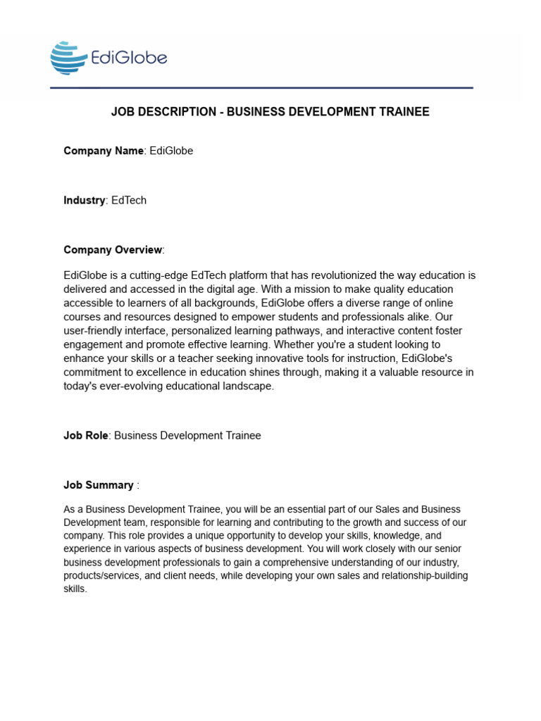 EdiGlobe Business Development Trainee Role | PDF | Educational ...