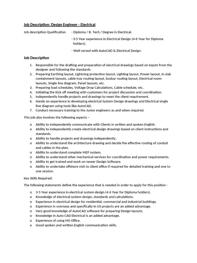 Electrical Design Engineer Job Description | PDF | Computer Aided ...