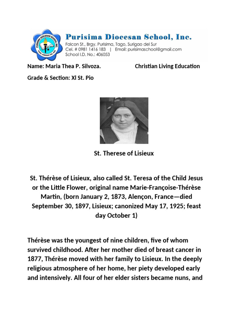 Maria Thea's Reflection on St. Thérèse | PDF