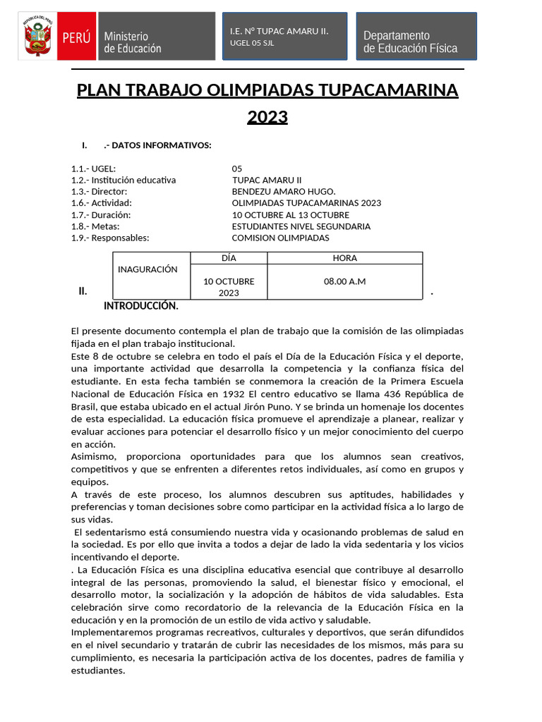 Plan de Trabajo Olimpiadas 2023 TUPAC AMARU | PDF | Asociación de ...