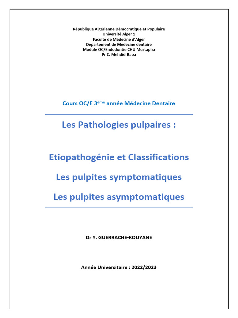 Pathologies pulpaires : étiologie et types | PDF | Inflammation | Dent ...