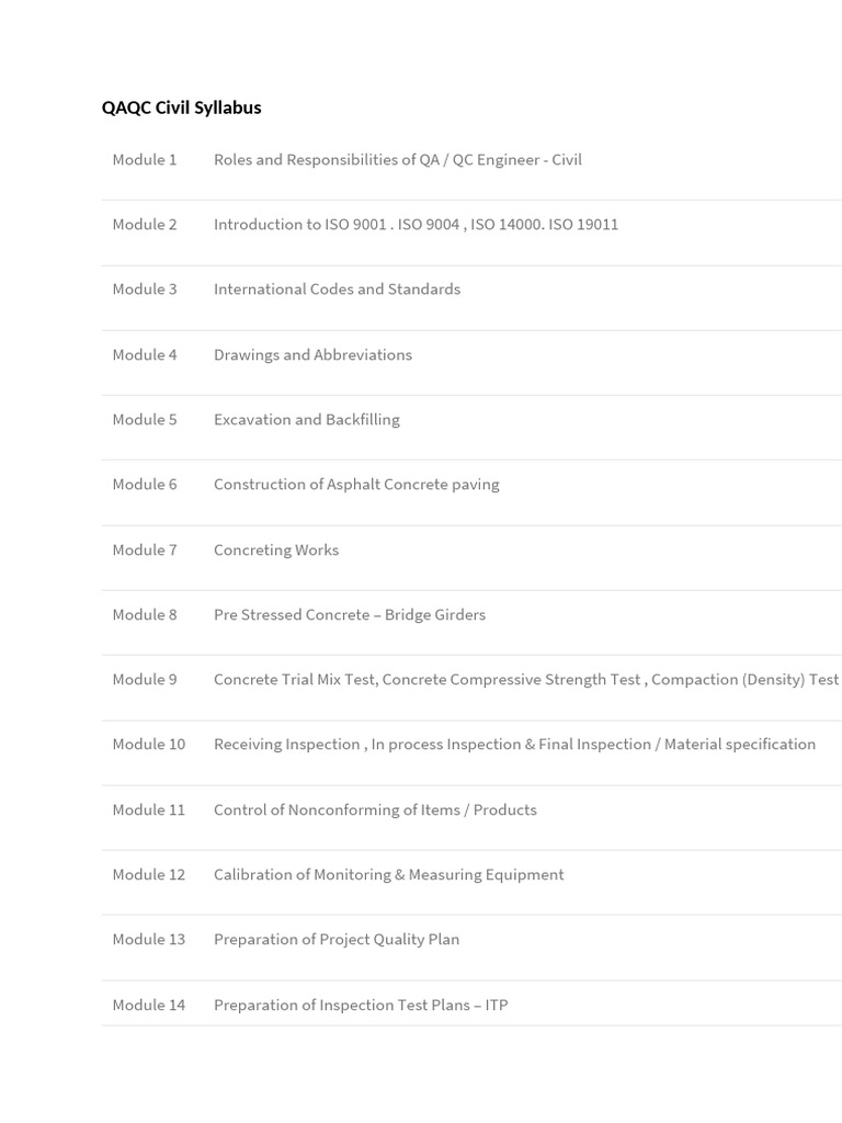 QA/QC Civil Engineering Syllabus | PDF | Audit | Iso 9000