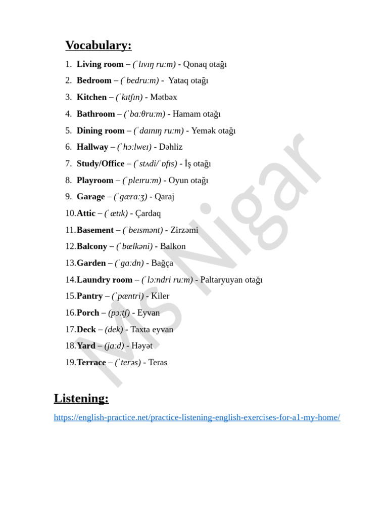 Vocabulary and Dream House Description | PDF | Room | Interior Design