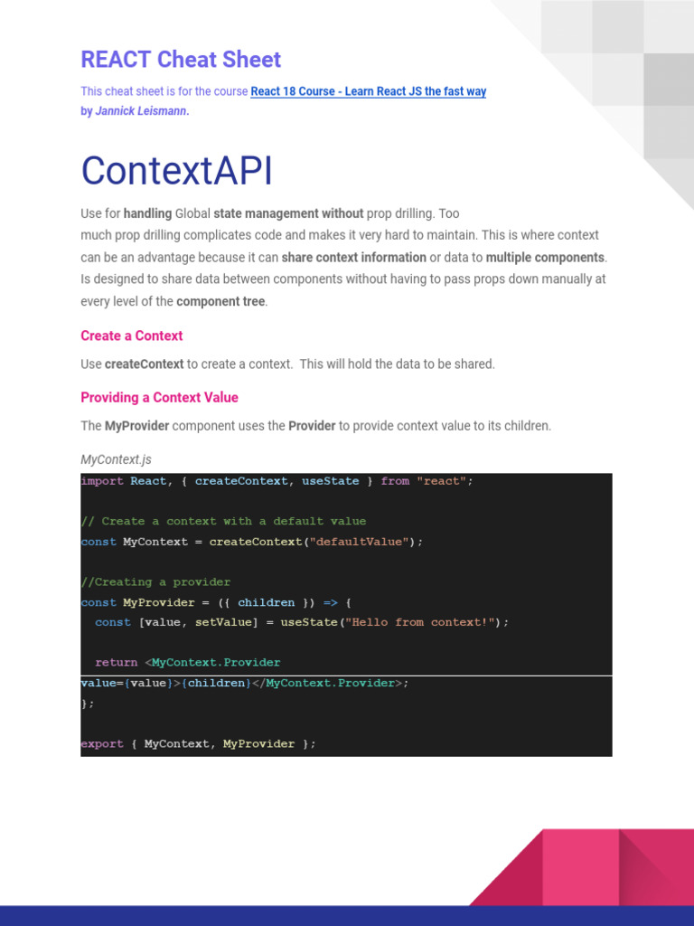 REACT+Cheat+Sheet+ +ContextAPI | PDF