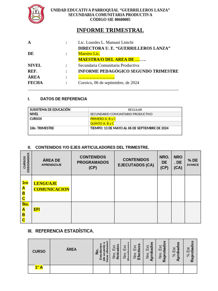 Modelo Informe 2do Trimestre 2024 | PDF | Aprendizaje