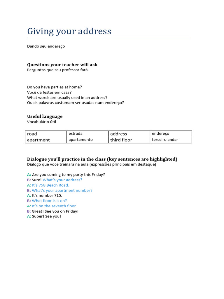 Address Vocabulary and Dialogue Practice | PDF