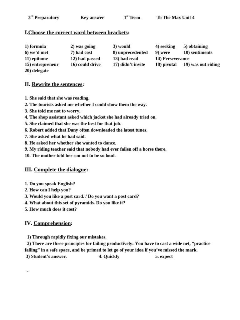 3rd Prep. Unit 4 Key Answer | PDF
