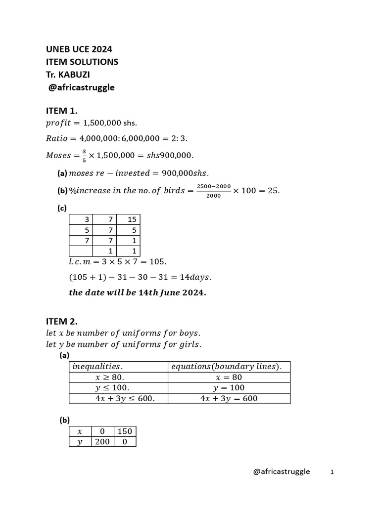 UNEB UCE 2024 Mathematics Solutions | PDF