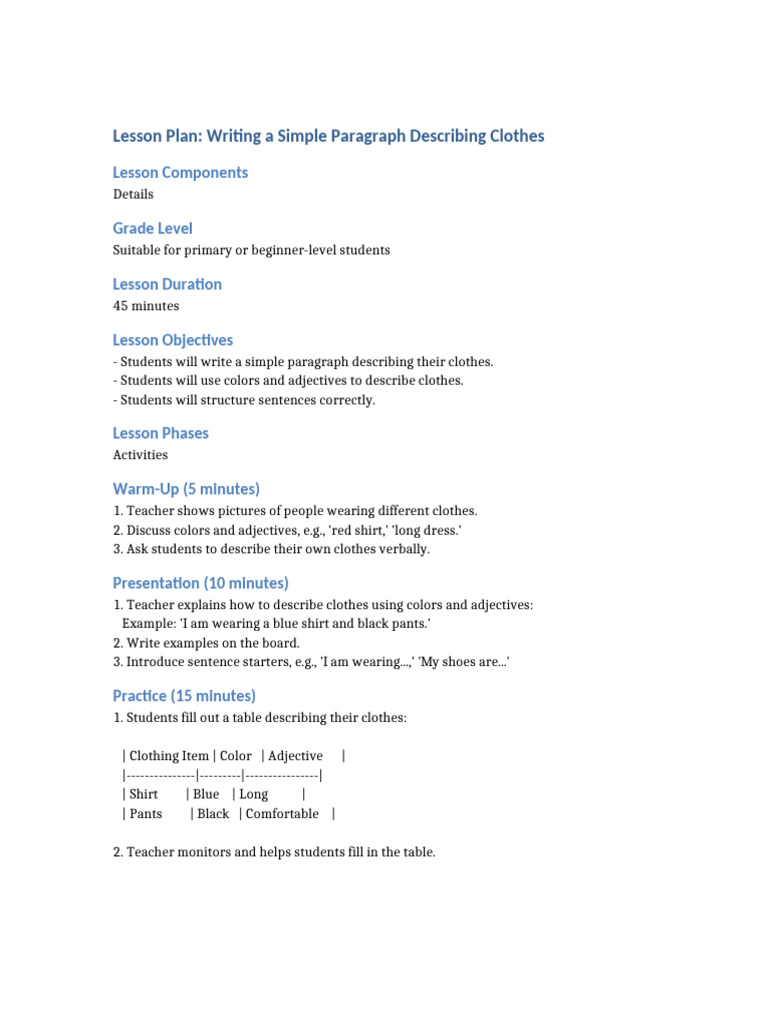 Lesson Plan Clothes Writing | PDF