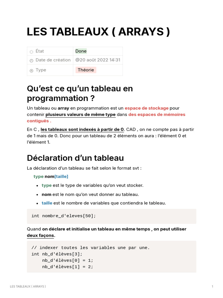 Introduction aux tableaux en C | PDF
