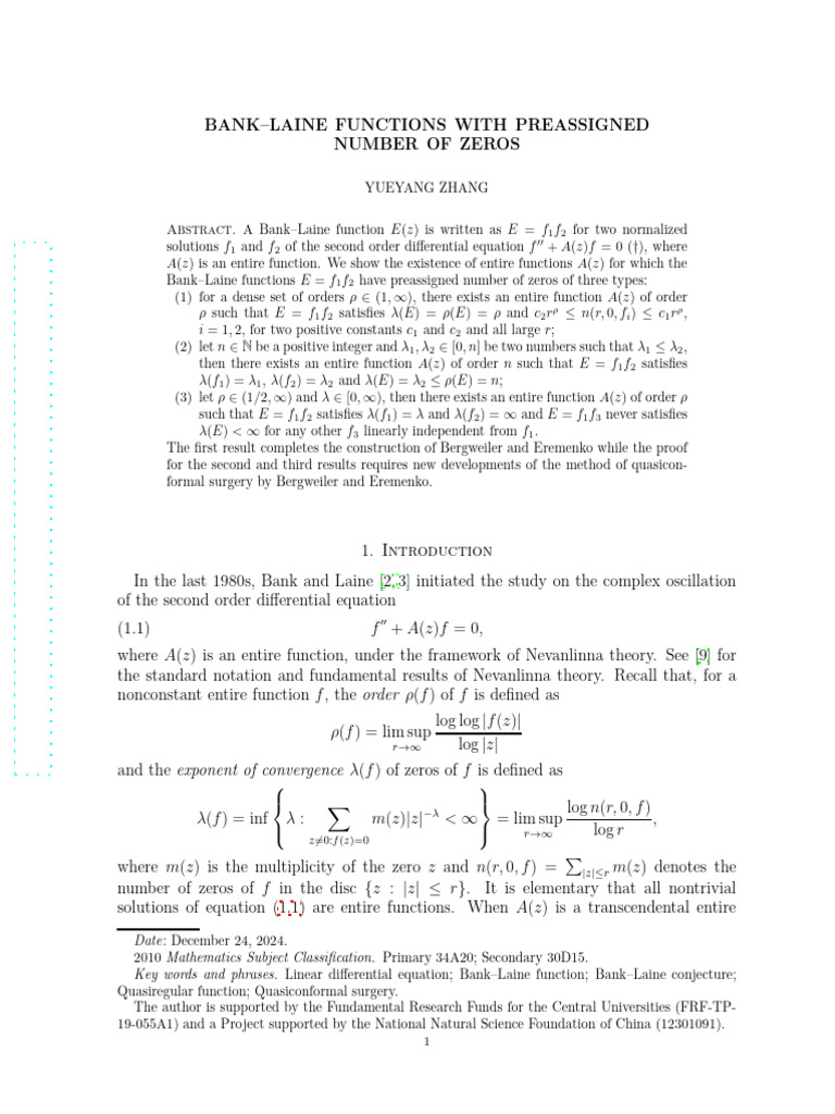 Bank - Laine Functions With Preassigned Number of Zeros | PDF ...