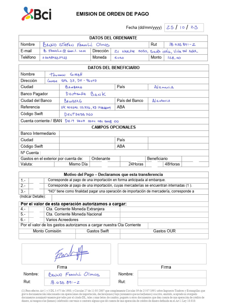 EmisiÃ N Orden de Pago | PDF | Bancos | Transferencia bancaria