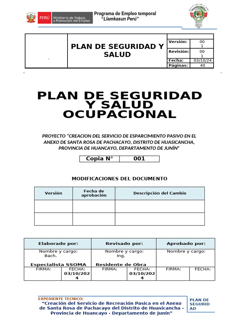 Plan de Seguridad y Salud Ocupacional | PDF | Seguridad y salud ...