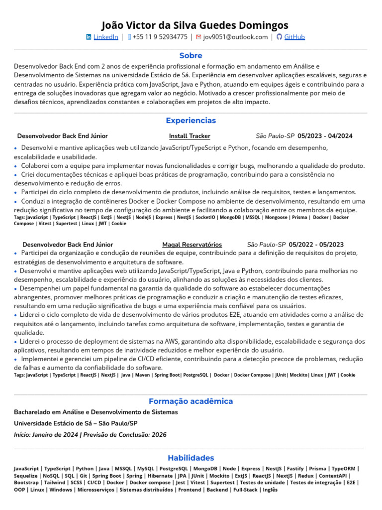 Cv Joao Back End | PDF | Script Java | Testes de software