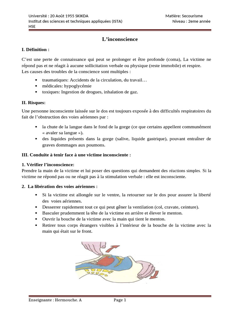 Gestion de l'inconscience en secourisme | PDF | Médecine clinique