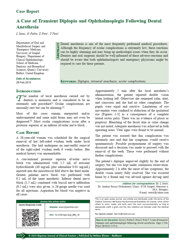 A Case of Transient Diplopia and Ophthalmoplegia.22 | PDF | Anesthesia ...