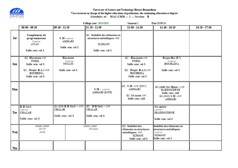 Emploi du temps 2024/2025 USTHB | PDF