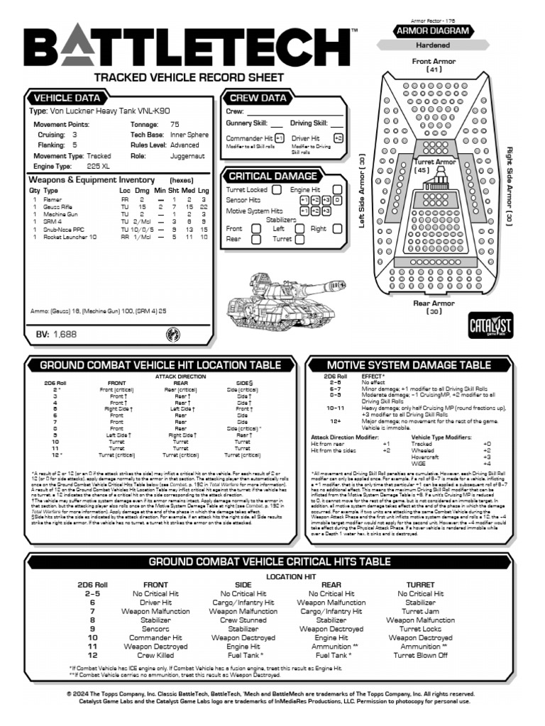 Von Luckner Heavy Tank Record Sheet PDF Battle Tech Armoured