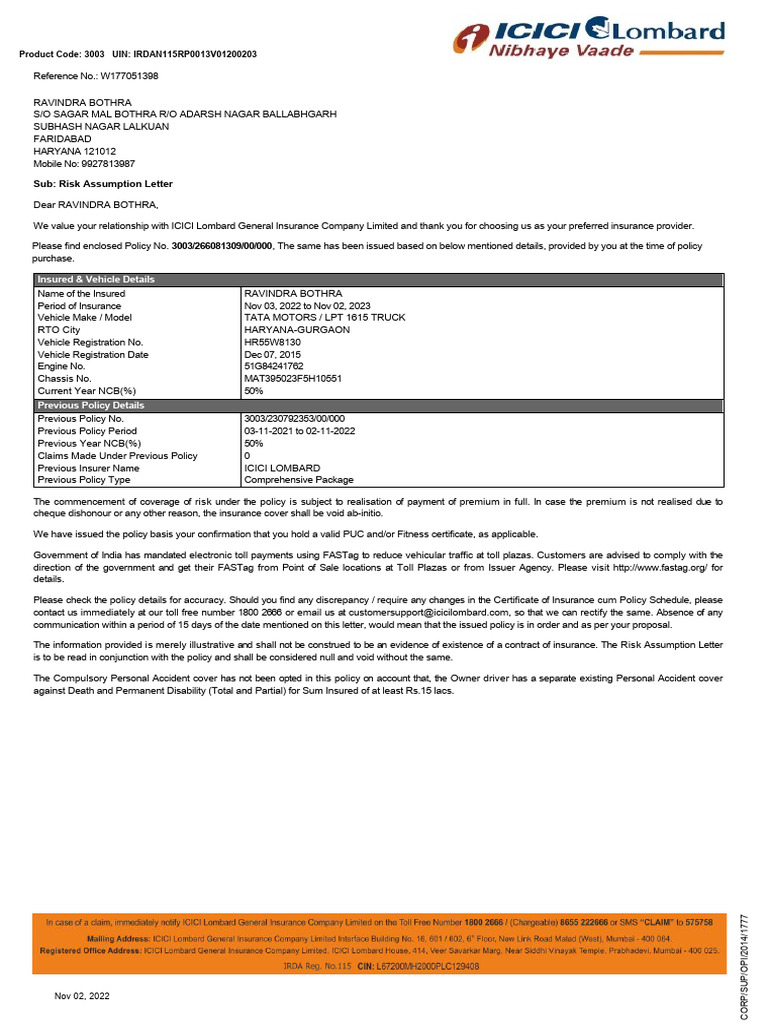 Icicic Vehicle Insurance Sample | PDF | Insurance