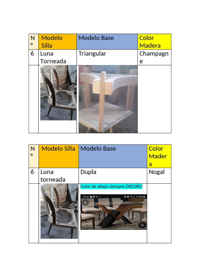 N ° Modelo Silla Modelo Base Color Madera 6 Luna Torneada Triangular ...