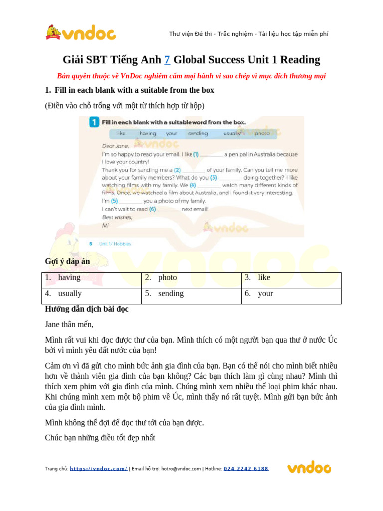 Giai SBT Tieng Anh 7 Global Success Unit 1 Reading | PDF