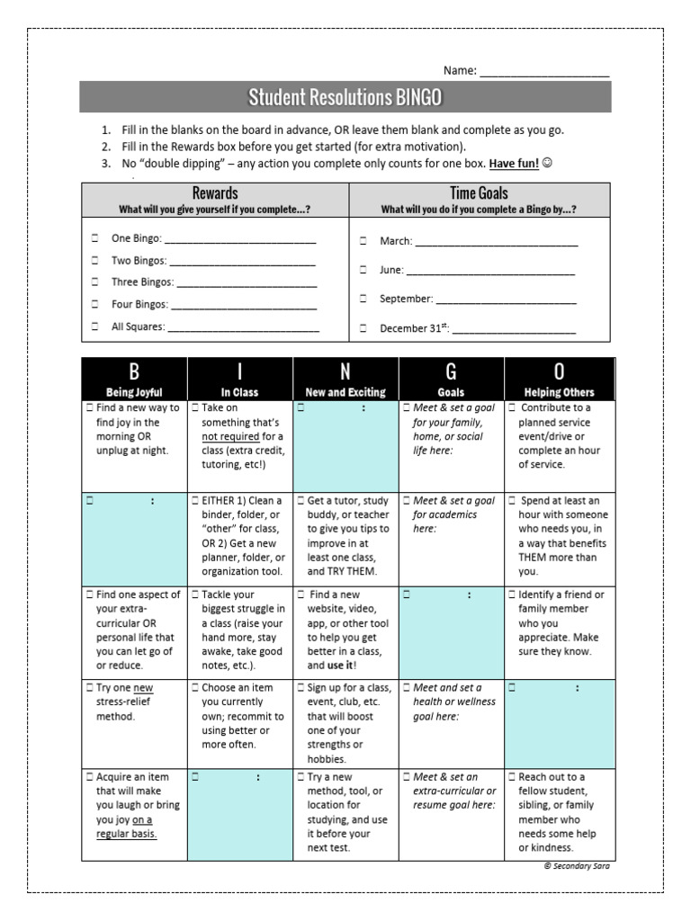 Student Resolutions BINGO | PDF