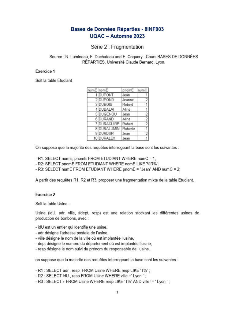 Fragmentation des Tables Étudiant et Usine | PDF