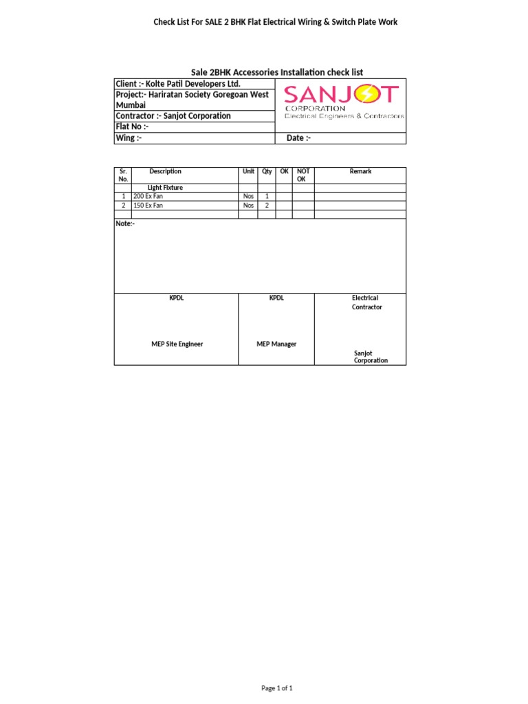 Sale 2bhk flat accessories installation check list pdf
