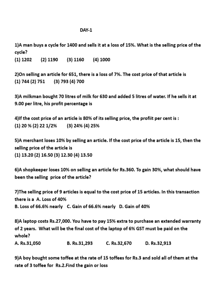 Profit and Loss Calculation Problems | PDF | Prices | Profit (Economics)