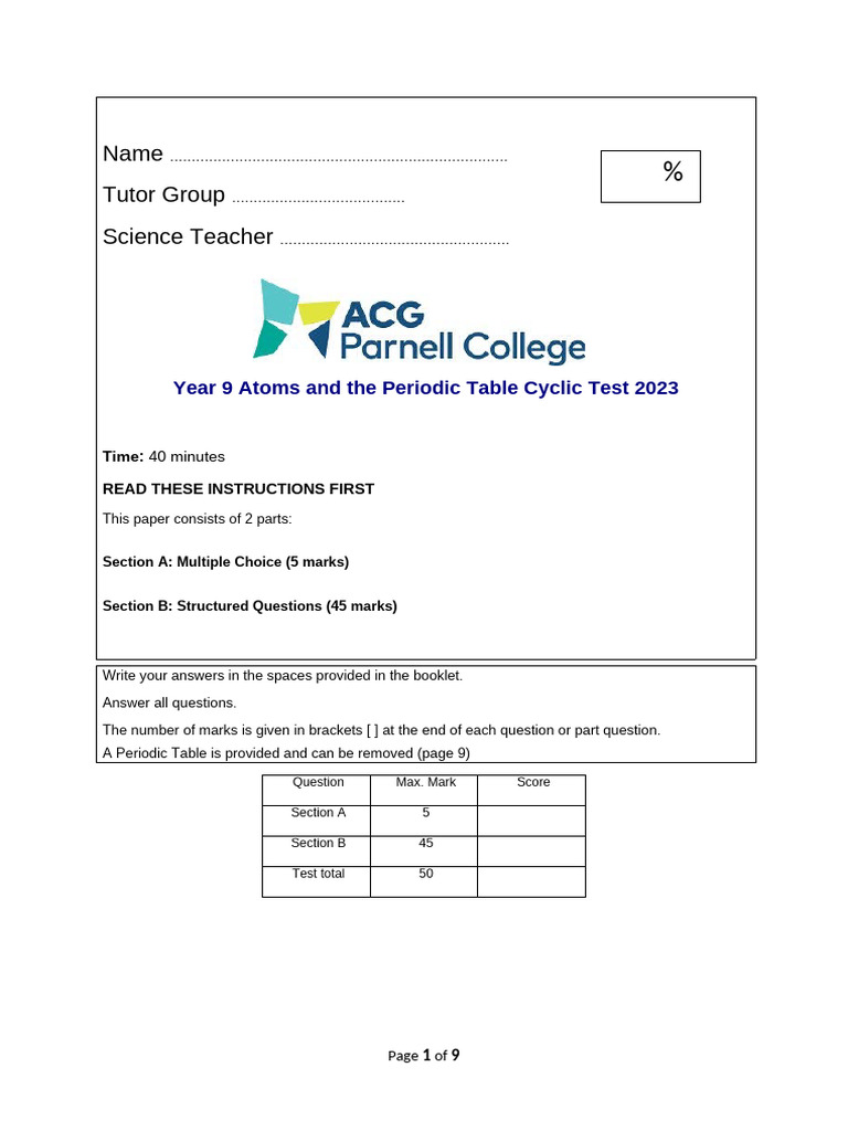 Year 9 Atoms and Periodic Table Cyclic Test 2023 | PDF | Periodic Table ...