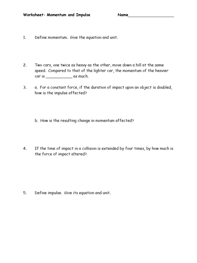 Momentum and Impulse Worksheet | PDF
