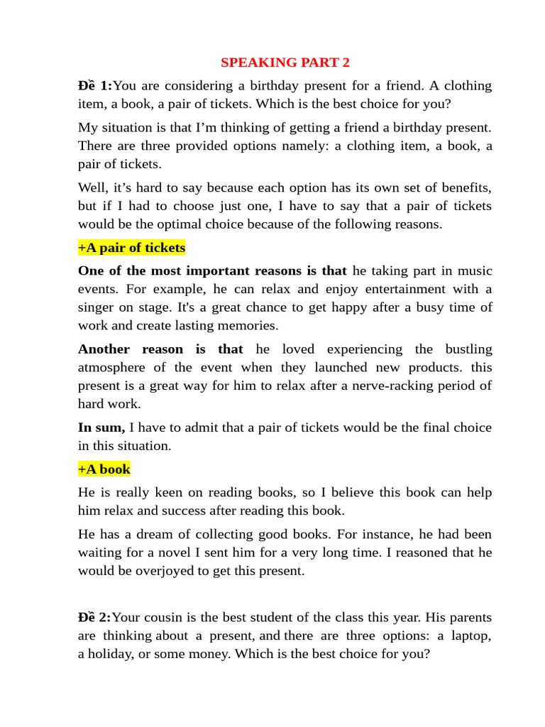 SPEAKING PART 2 | PDF