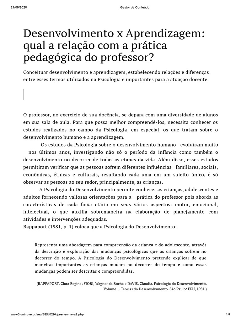 Relação entre Desenvolvimento e Aprendizagem | PDF | Aprendizado ...