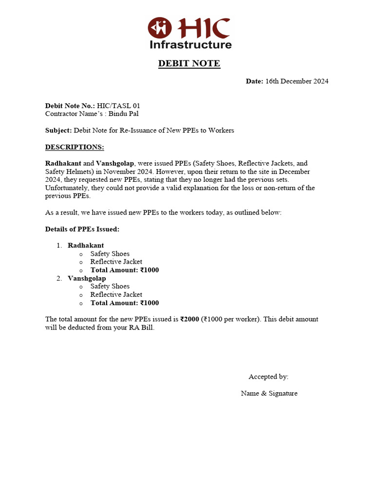 PPE Debit Note for Bindu Pal | PDF