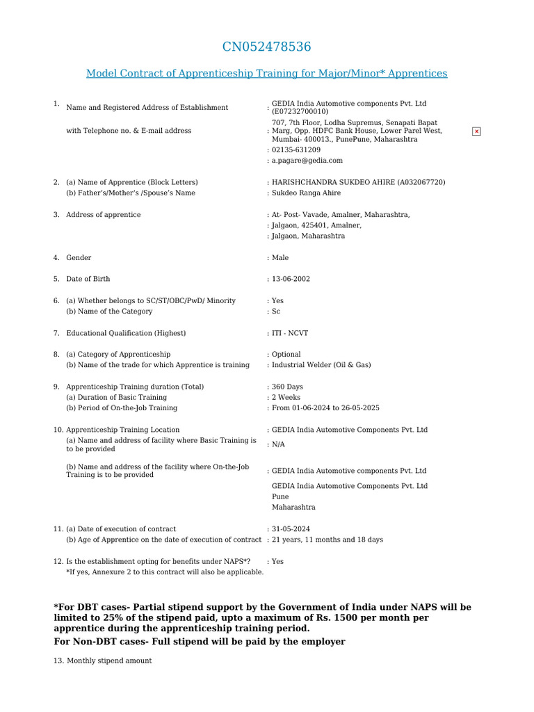 Model Contract of Apprenticeship Training For Major/Minor Apprentices ...